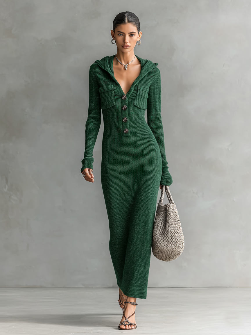 Abito Maxi In Maglia Con Cappuccio Slim Fit Donna MDA1451H6Y