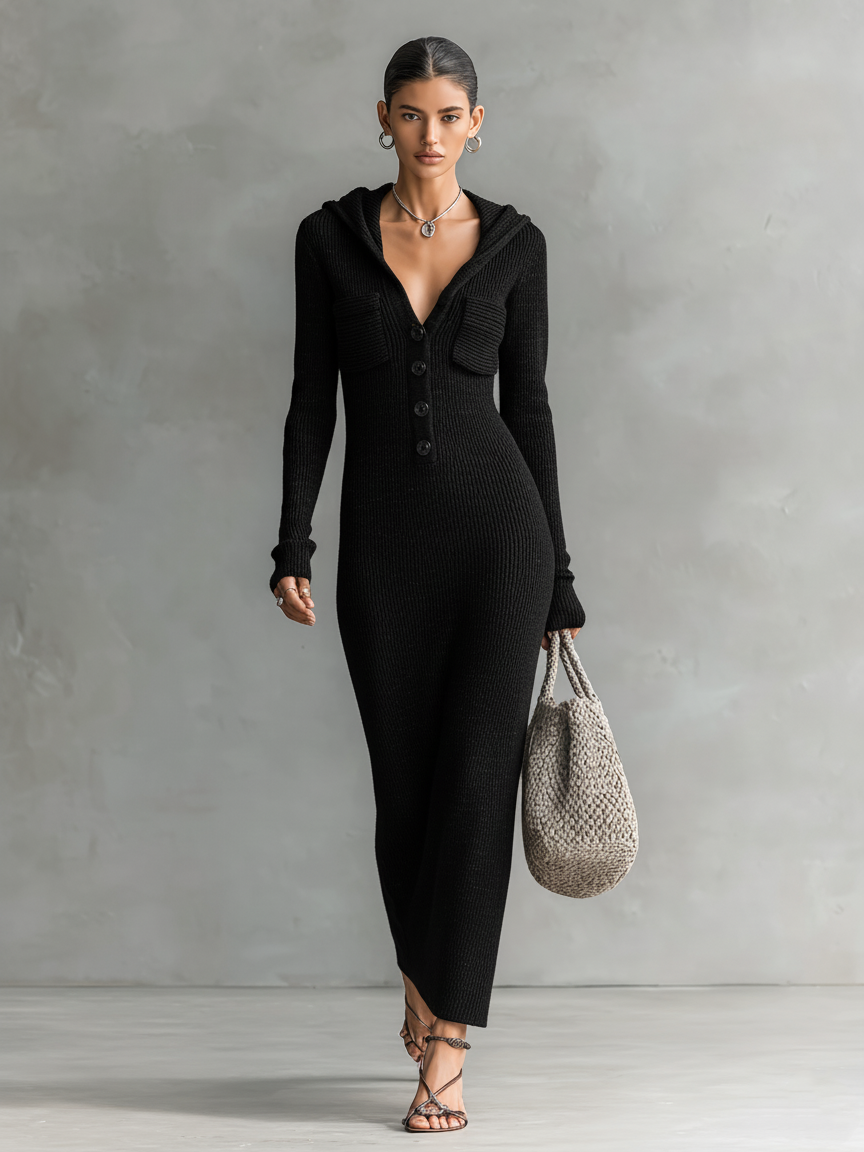 Abito Maxi In Maglia Con Cappuccio Slim Fit Donna MDA1451H6Y