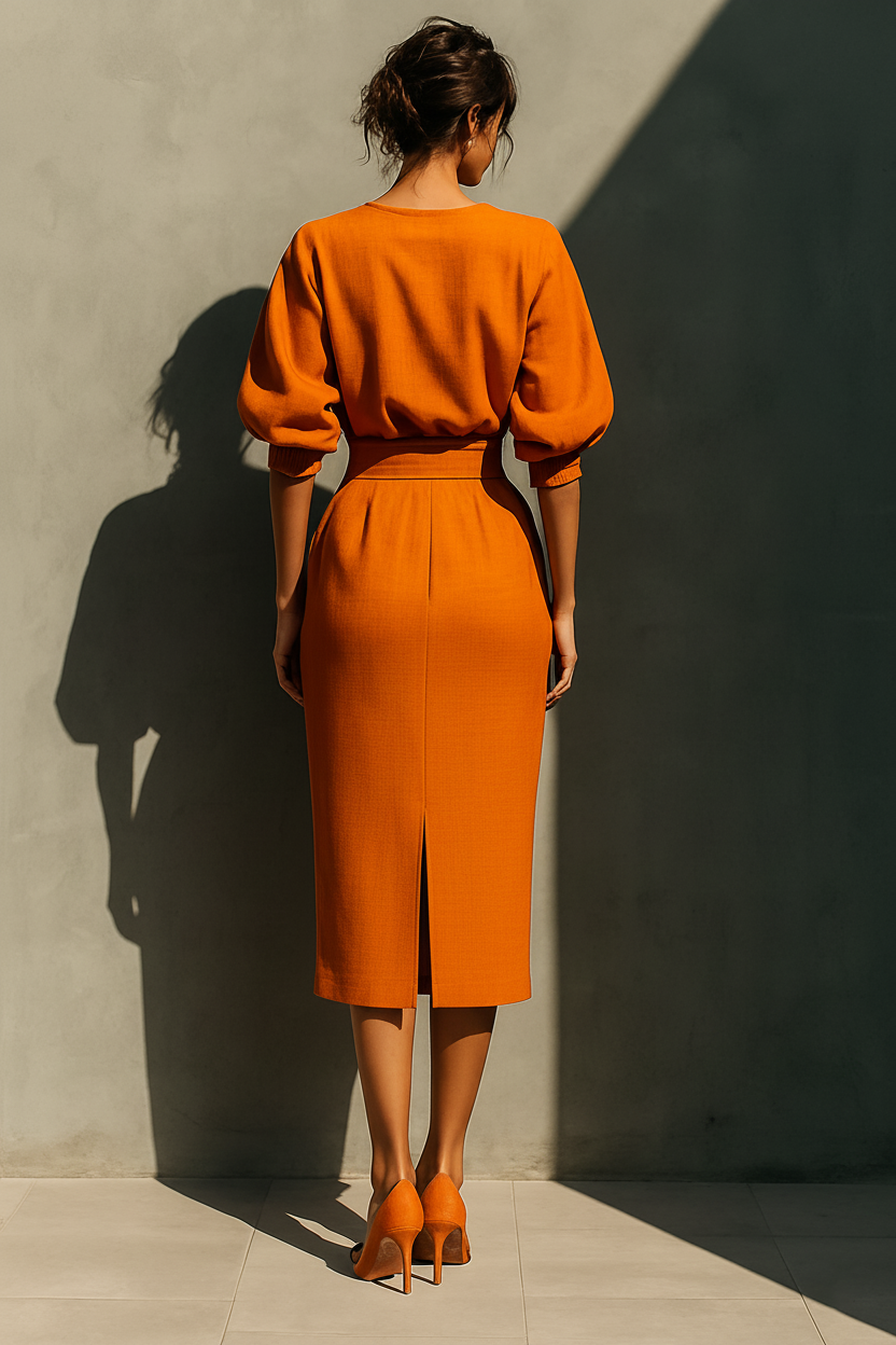 Set top con maniche medie e gonna midi per donne in colore arancione