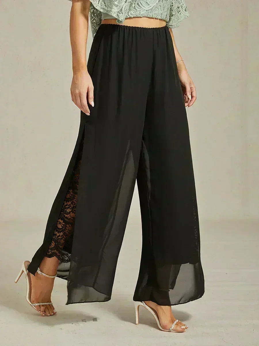 Pantaloni a Gamba Dritta con Sovrapposizione in Chiffon