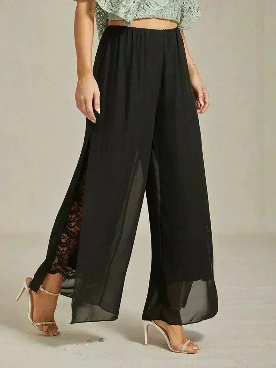 Pantaloni a Gamba Dritta con Sovrapposizione di Chiffon a Spacco