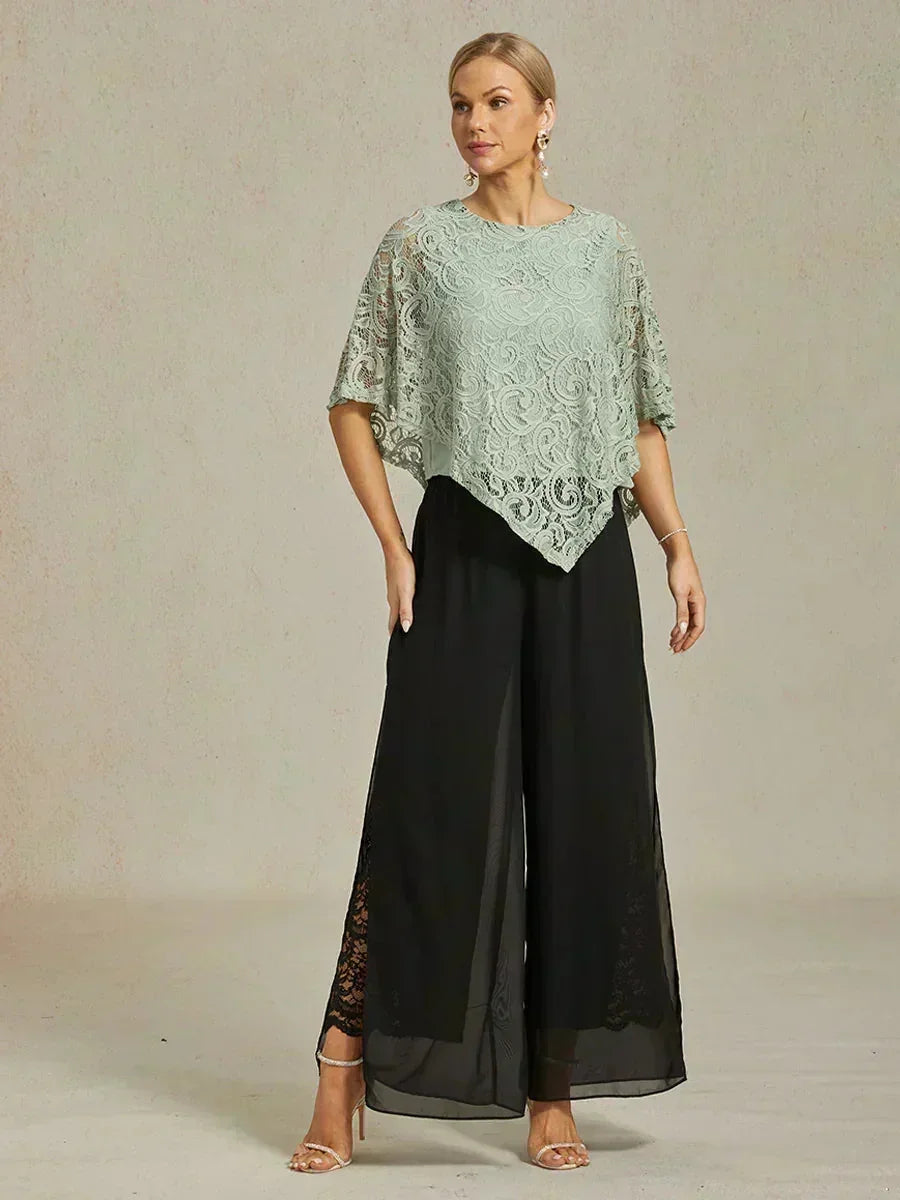Pantaloni a Gamba Dritta con Sovrapposizione in Chiffon
