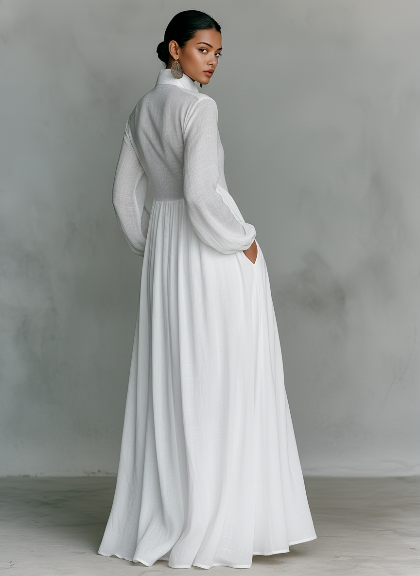ESSENZIALE - Abito Maxi Minimalista in Cotone e Lino con Patchwork, Collo Alto e Maniche Lunghe