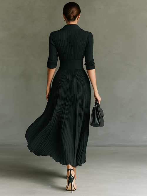 Abiti maxi per donne con colore uniforme, pieghe, colletto, maniche lunghe