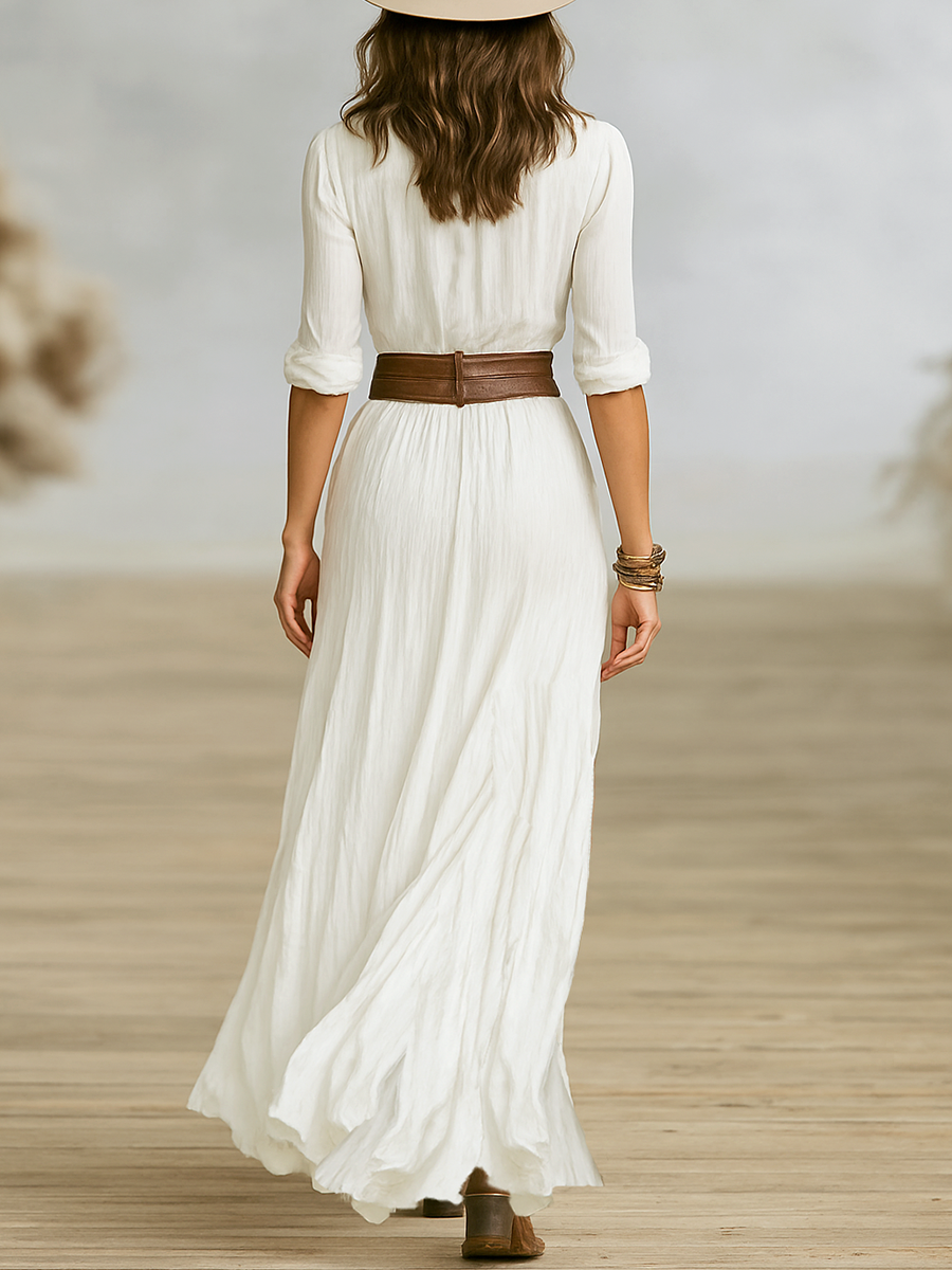 Abito maxi da donna in tessuto imitation cotone e lino con colletto a triangolo e maniche lunghe MDA1968G0Y