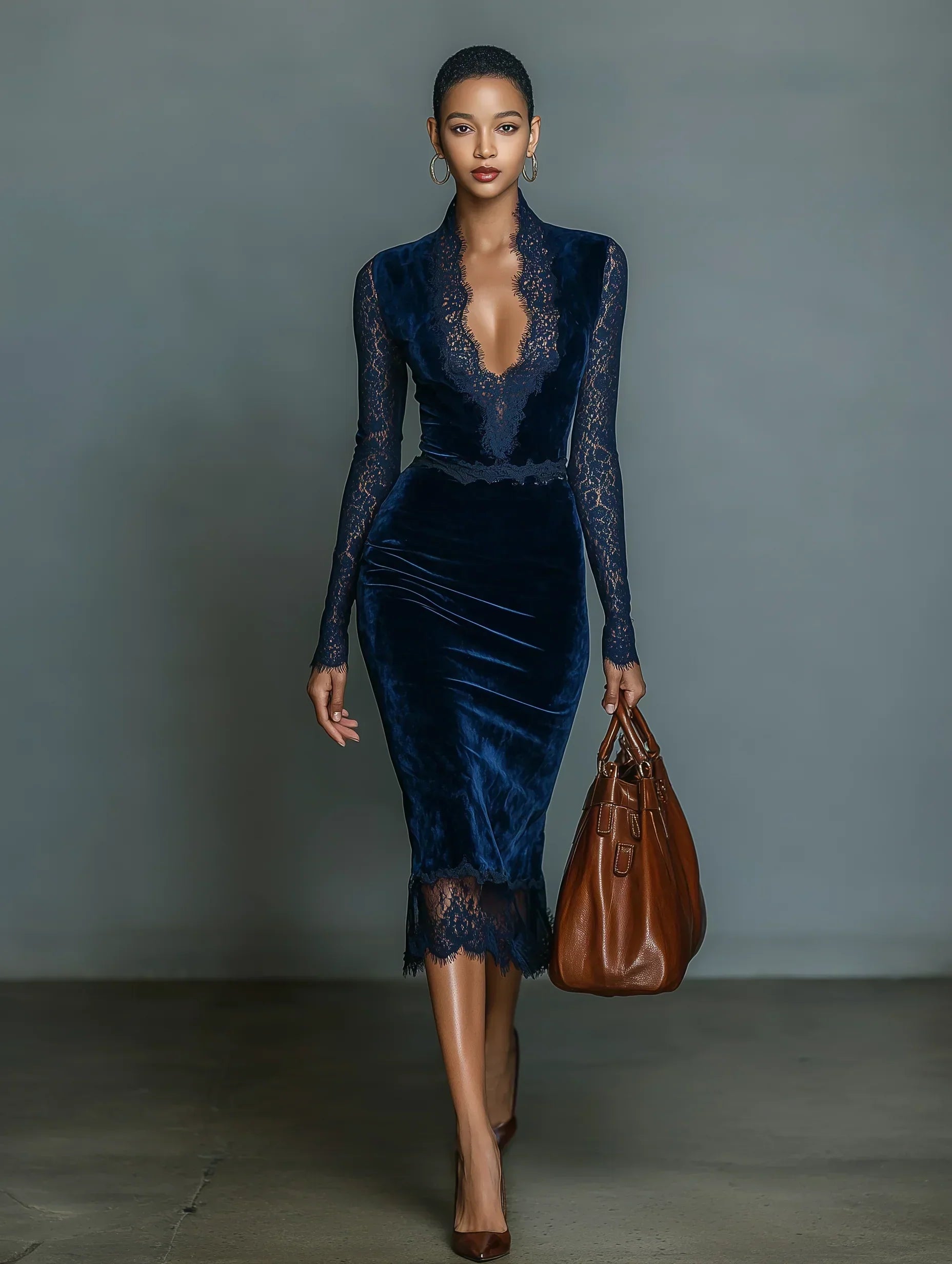 🌸 Abito midi in velluto blu scuro elegante e alla moda per donne con scollatura a V e dettagli in pizzo
