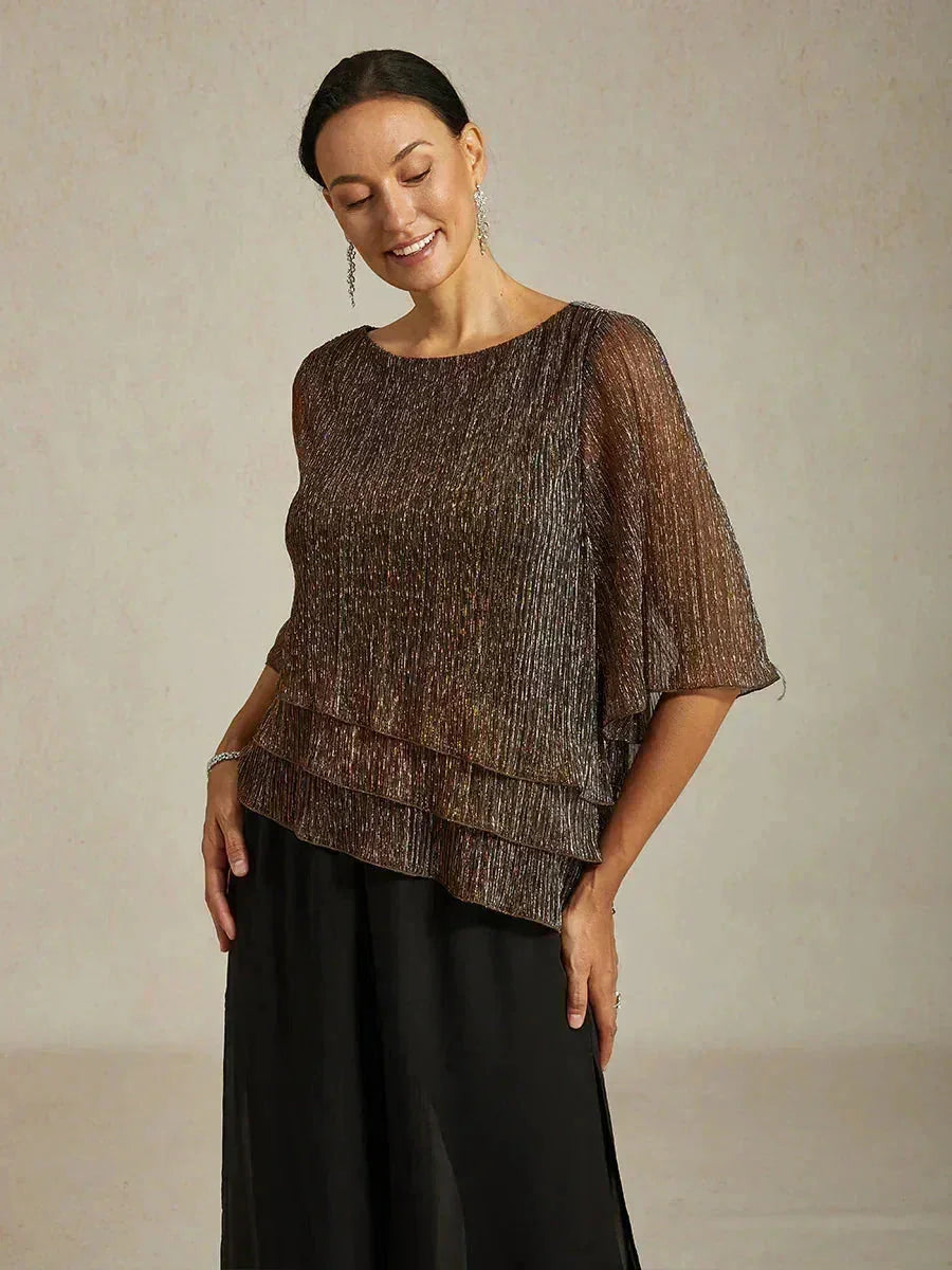 Blusa Asimmetrica a Strati in Chiffon Metallizzato Pieghettato