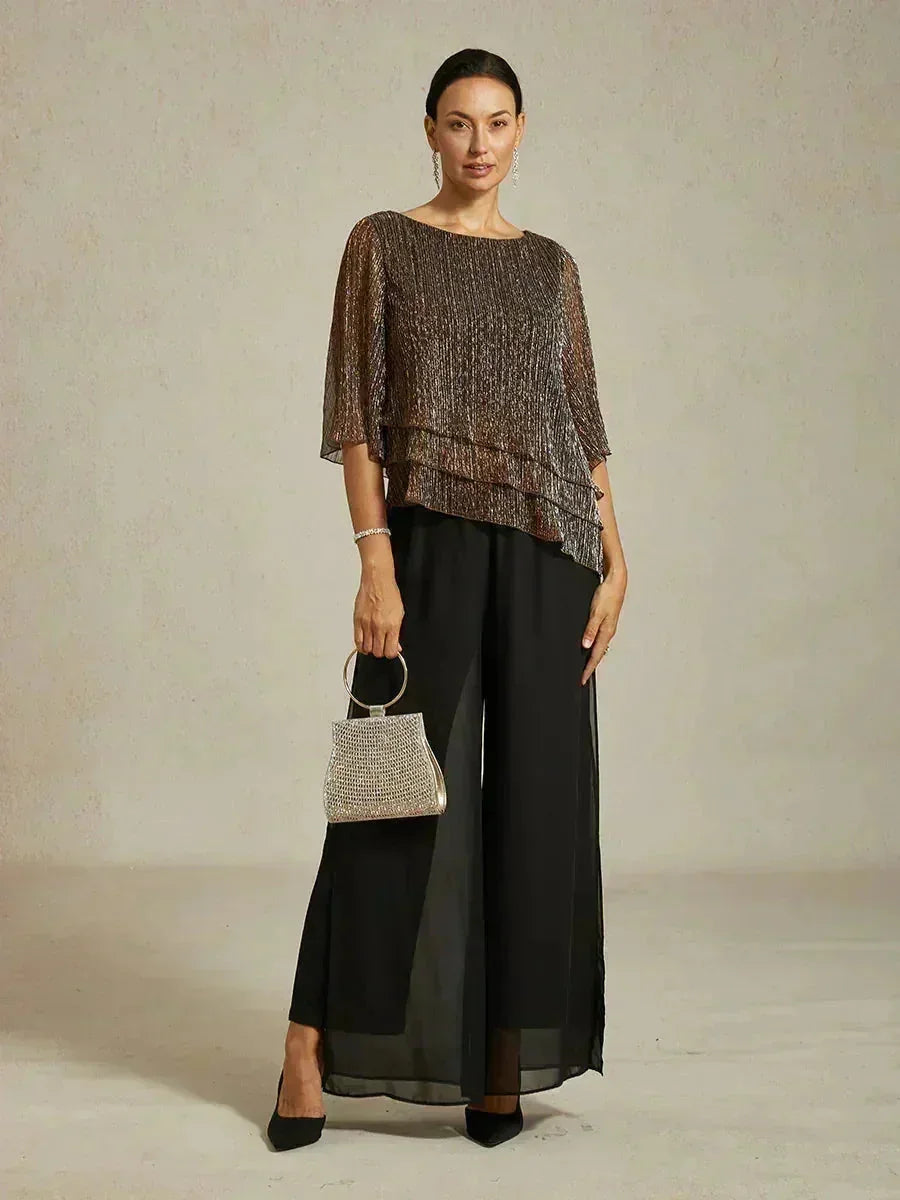 Blusa Asimmetrica a Strati in Chiffon Metallizzato Pieghettato