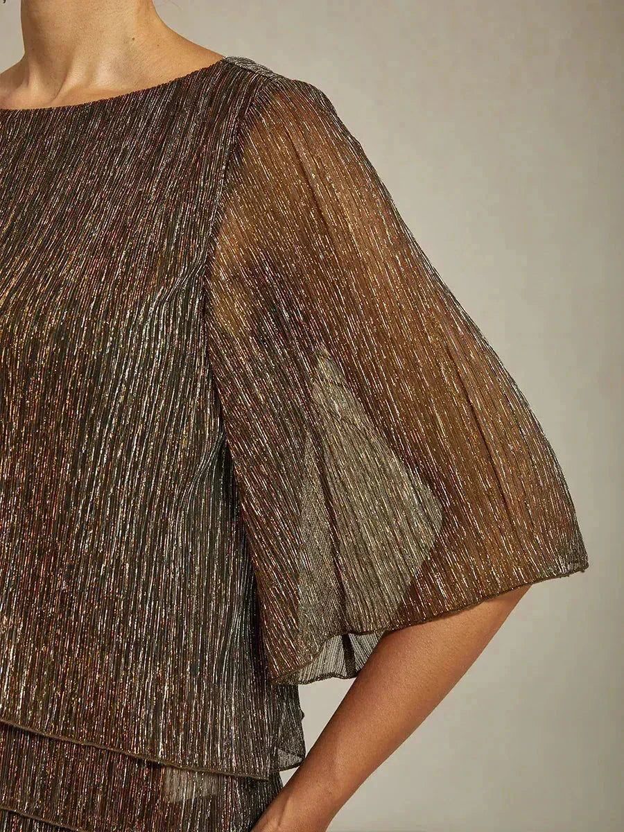 Blusa Asimmetrica a Strati in Chiffon Metallizzato Pieghettato