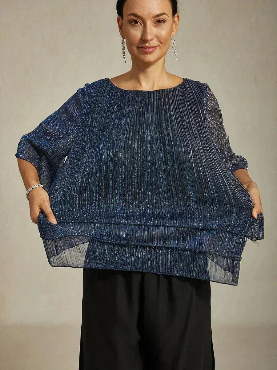Blusa Asimmetrica a Strati in Chiffon Metallizzato Pieghettato