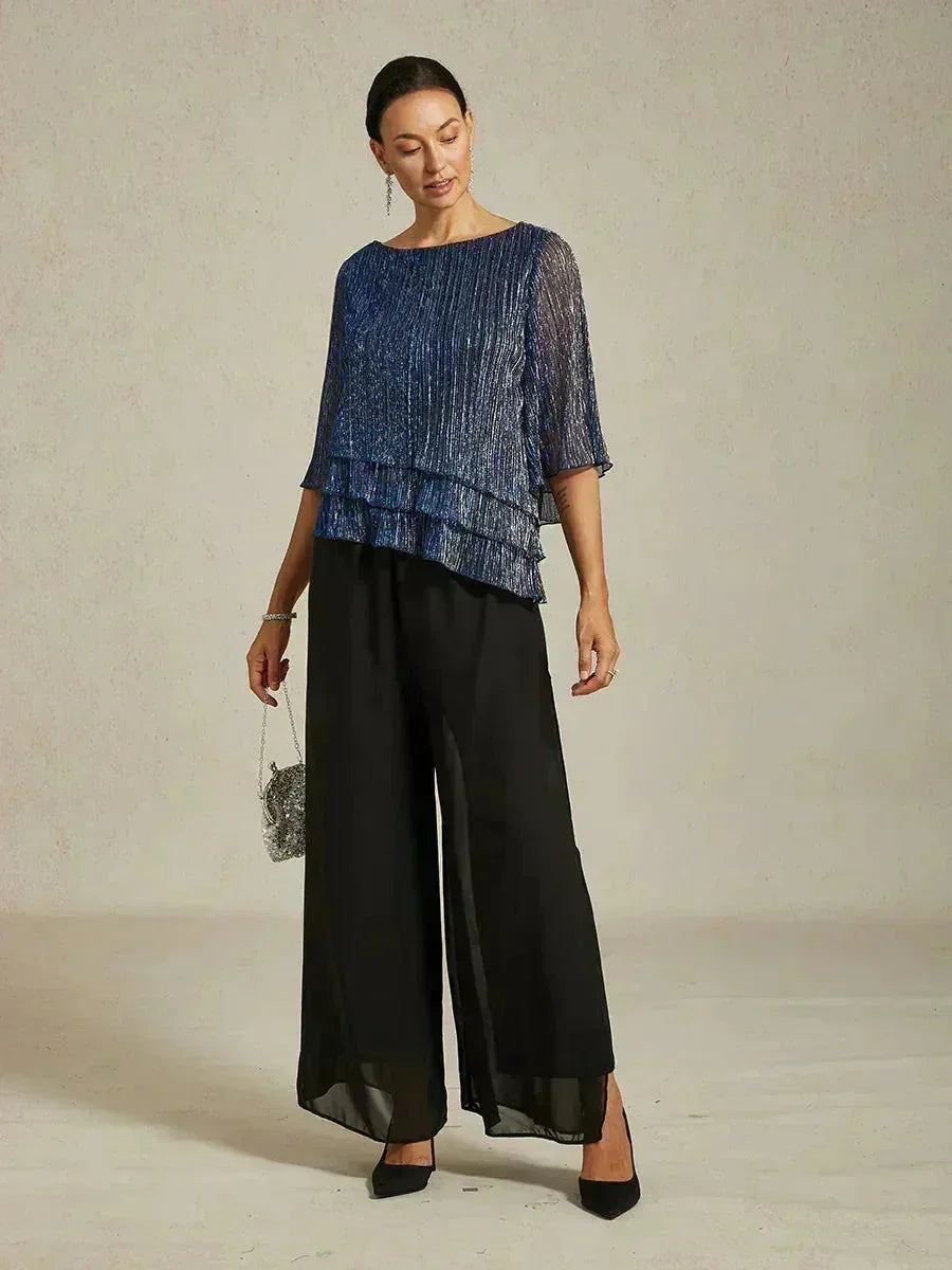 Blusa Asimmetrica a Strati in Chiffon Metallizzato Pieghettato