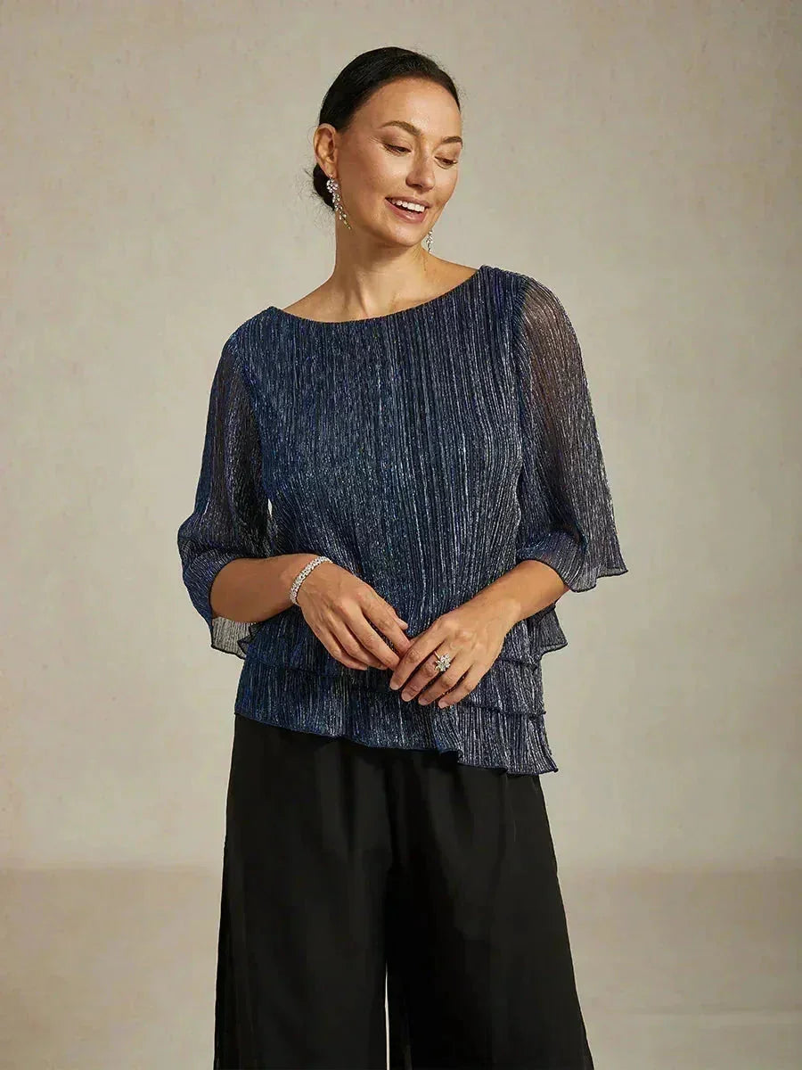 Blusa Asimmetrica a Strati in Chiffon Metallizzato Pieghettato