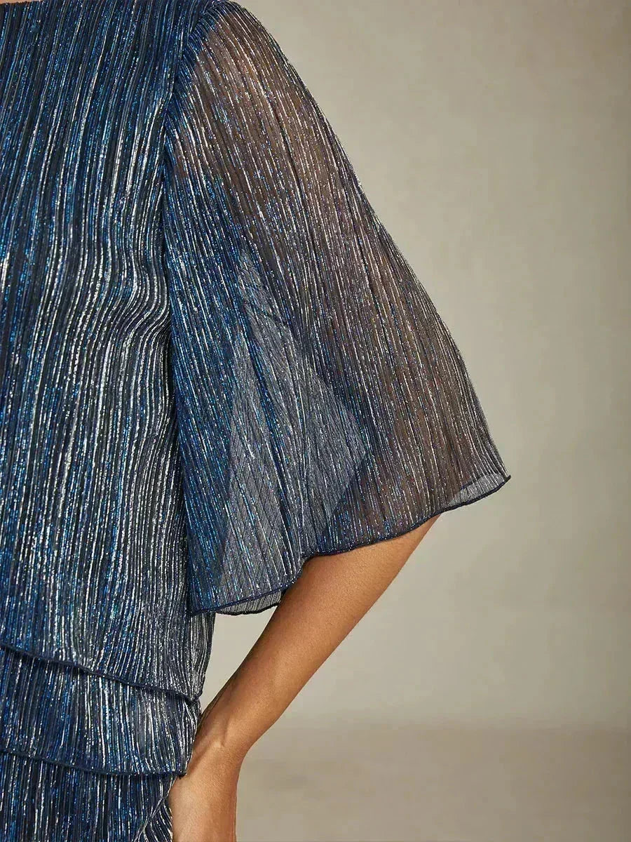 Blusa Asimmetrica a Strati in Chiffon Metallizzato Pieghettato