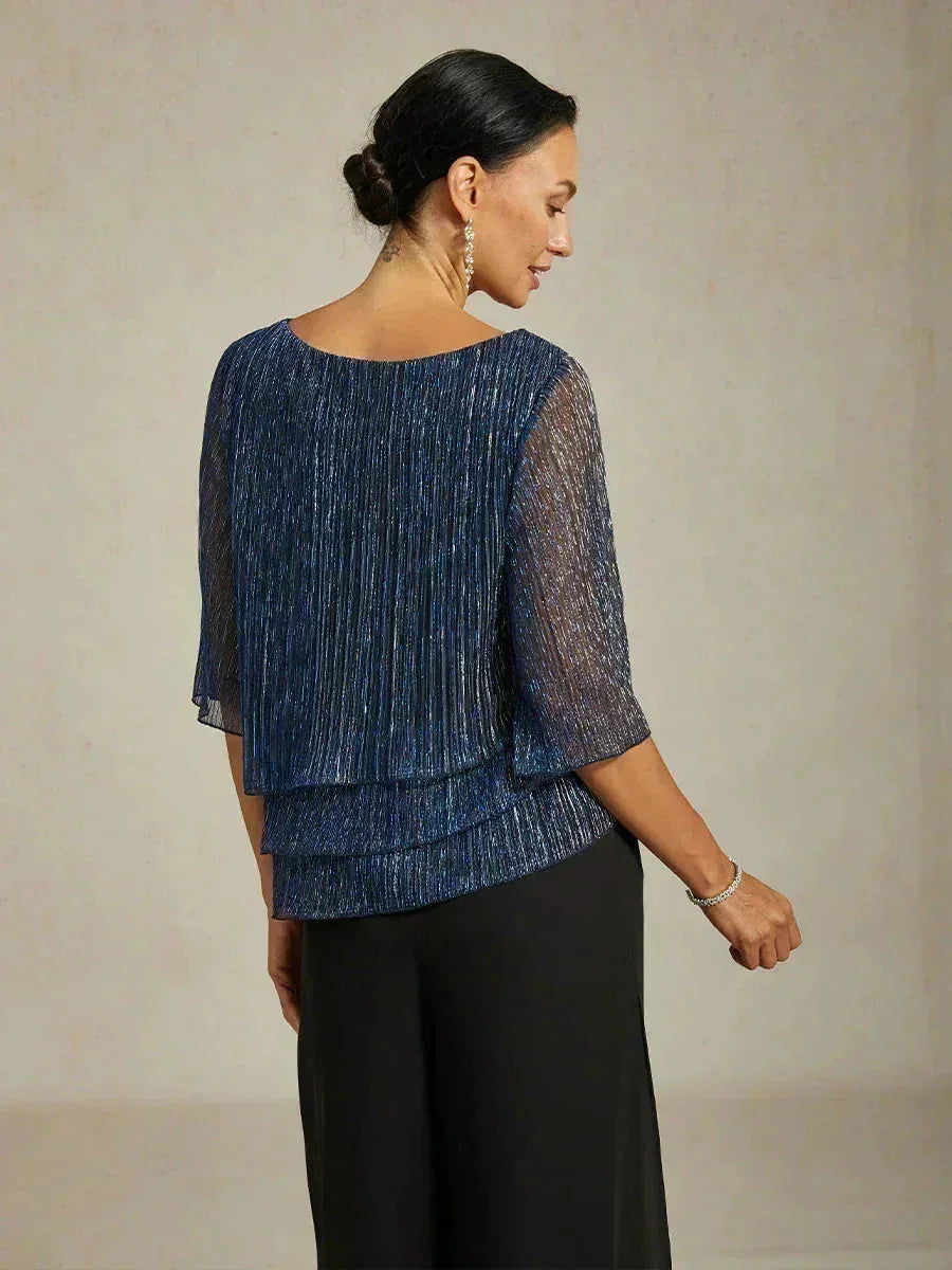 Blusa Asimmetrica a Strati in Chiffon Metallizzato Pieghettato