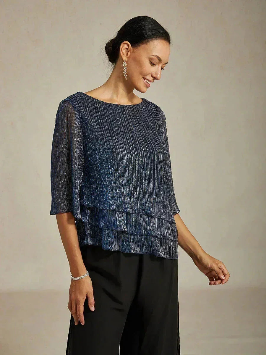 Blusa Asimmetrica a Strati in Chiffon Metallizzato Pieghettato
