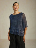 Blusa Asimmetrica a Strati in Chiffon Metallizzato Pieghettato