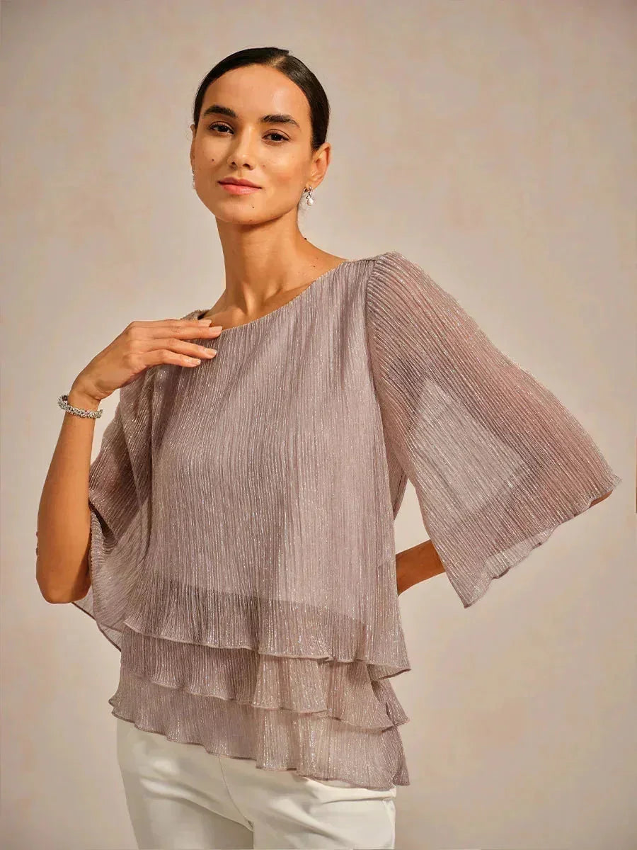 Blusa Asimmetrica a Strati in Chiffon Metallizzato Pieghettato