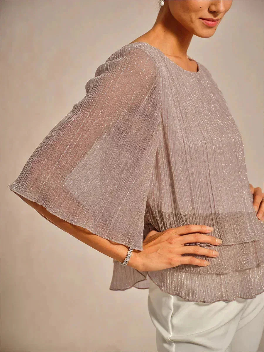 Blusa Asimmetrica a Strati in Chiffon Metallizzato Pieghettato