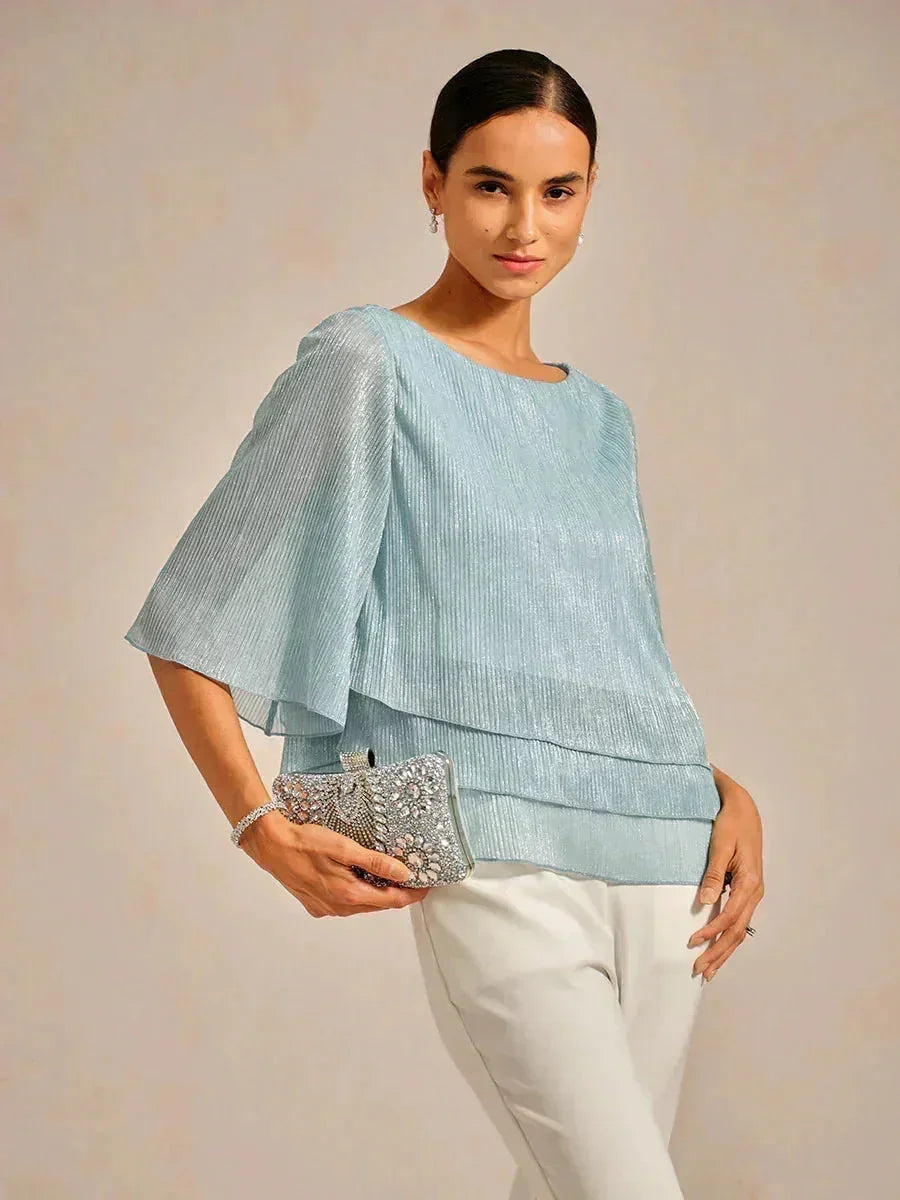 Blusa Asimmetrica a Strati in Chiffon Metallizzato Pieghettato