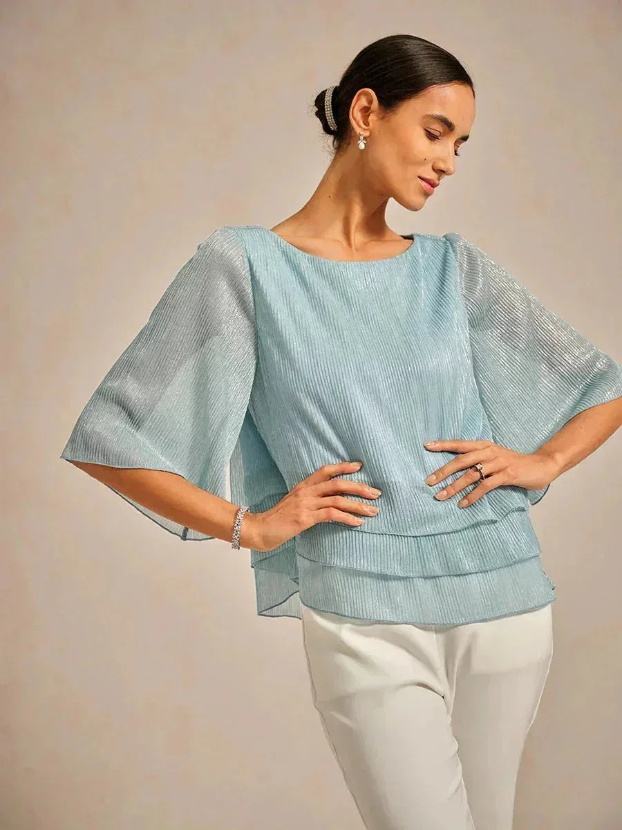 Blusa Asimmetrica a Strati in Chiffon Metallizzato Pieghettato