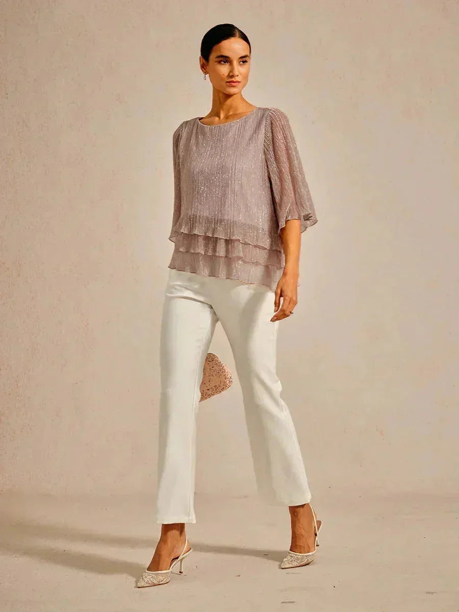 Blusa Asimmetrica a Strati in Chiffon Metallizzato Pieghettato