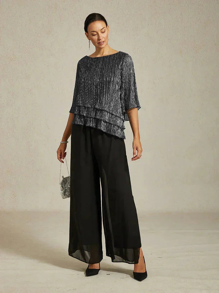 Blusa Asimmetrica a Strati in Chiffon Metallizzato Pieghettato