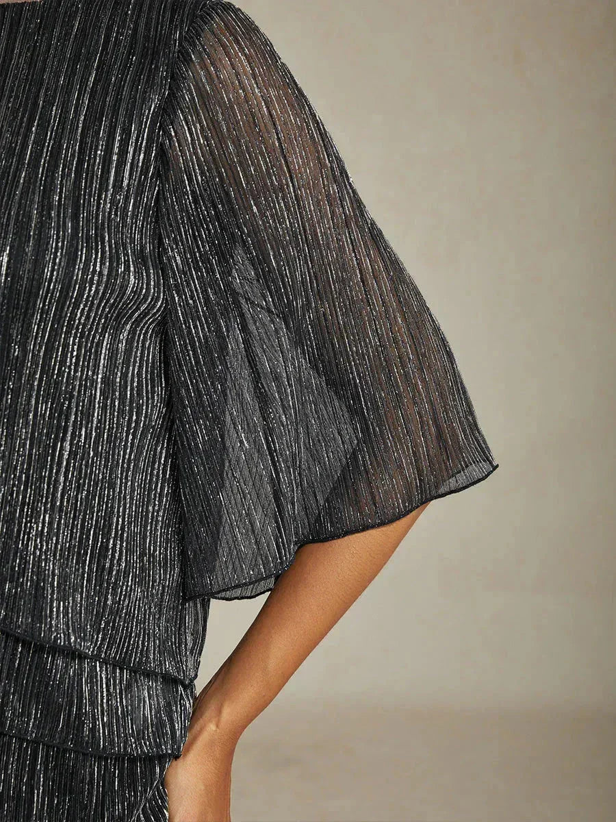 Blusa Asimmetrica a Strati in Chiffon Metallizzato Pieghettato