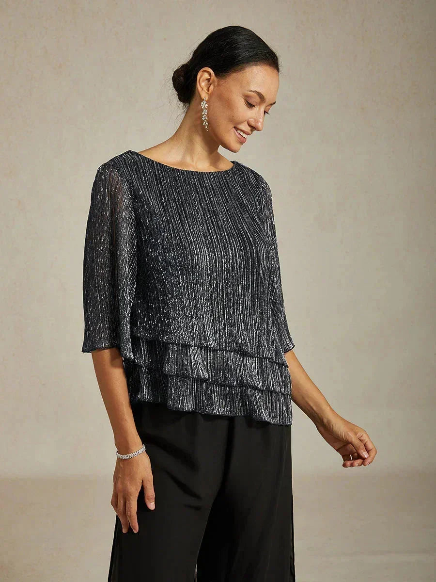 Blusa Asimmetrica a Strati in Chiffon Metallizzato Pieghettato