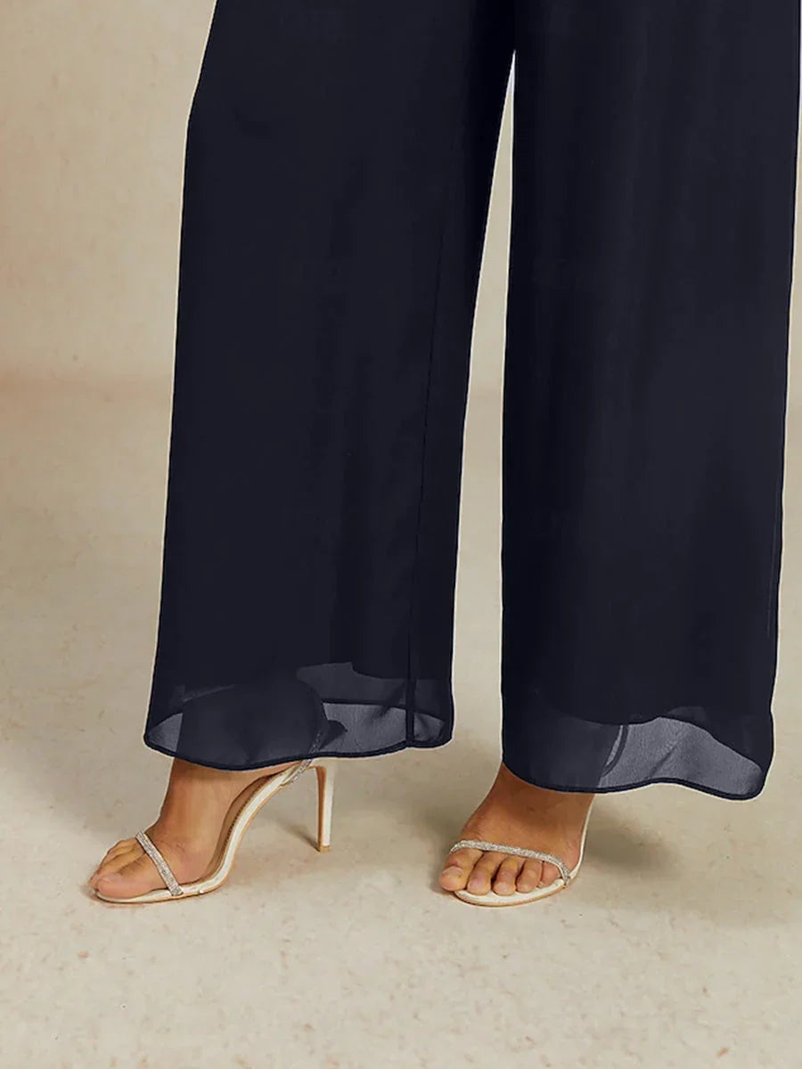 Pantaloni in Chiffon a Gamba Larga con Vita Elastico a Media Altezza
