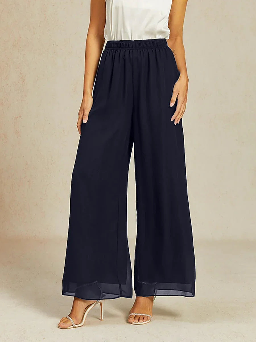 Pantaloni in Chiffon a Gamba Larga con Vita Elastico a Media Altezza
