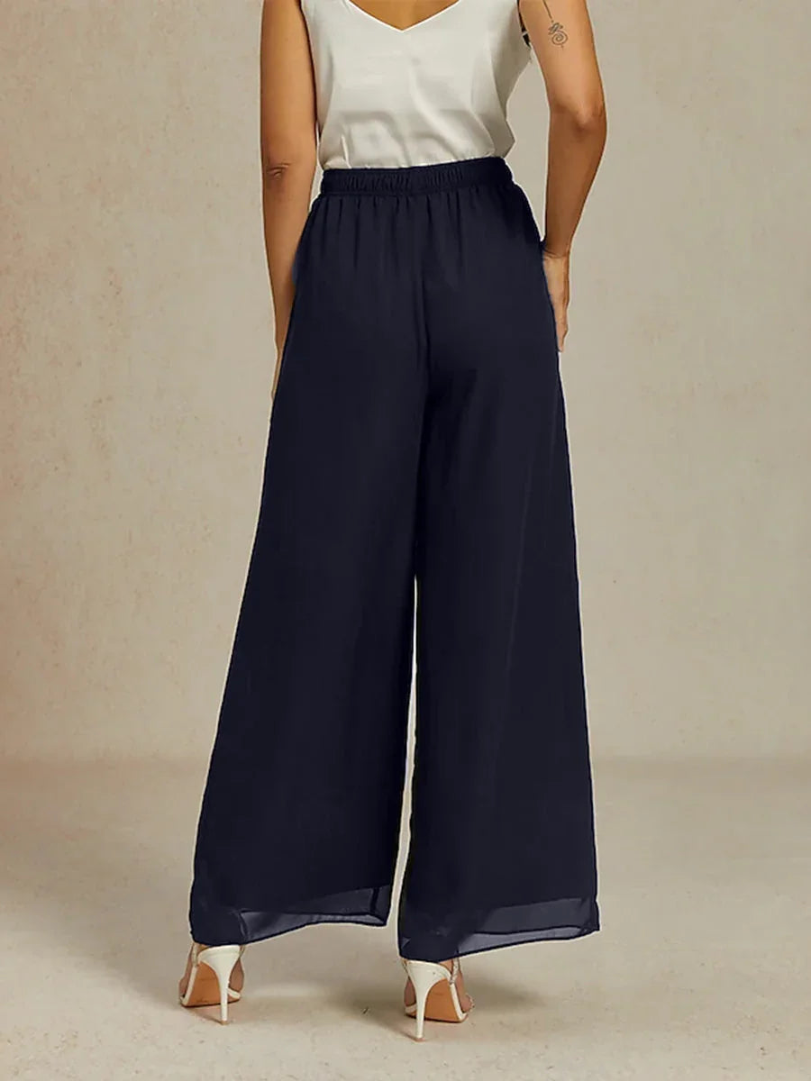 Pantaloni in Chiffon a Gamba Larga con Vita Elastico a Media Altezza