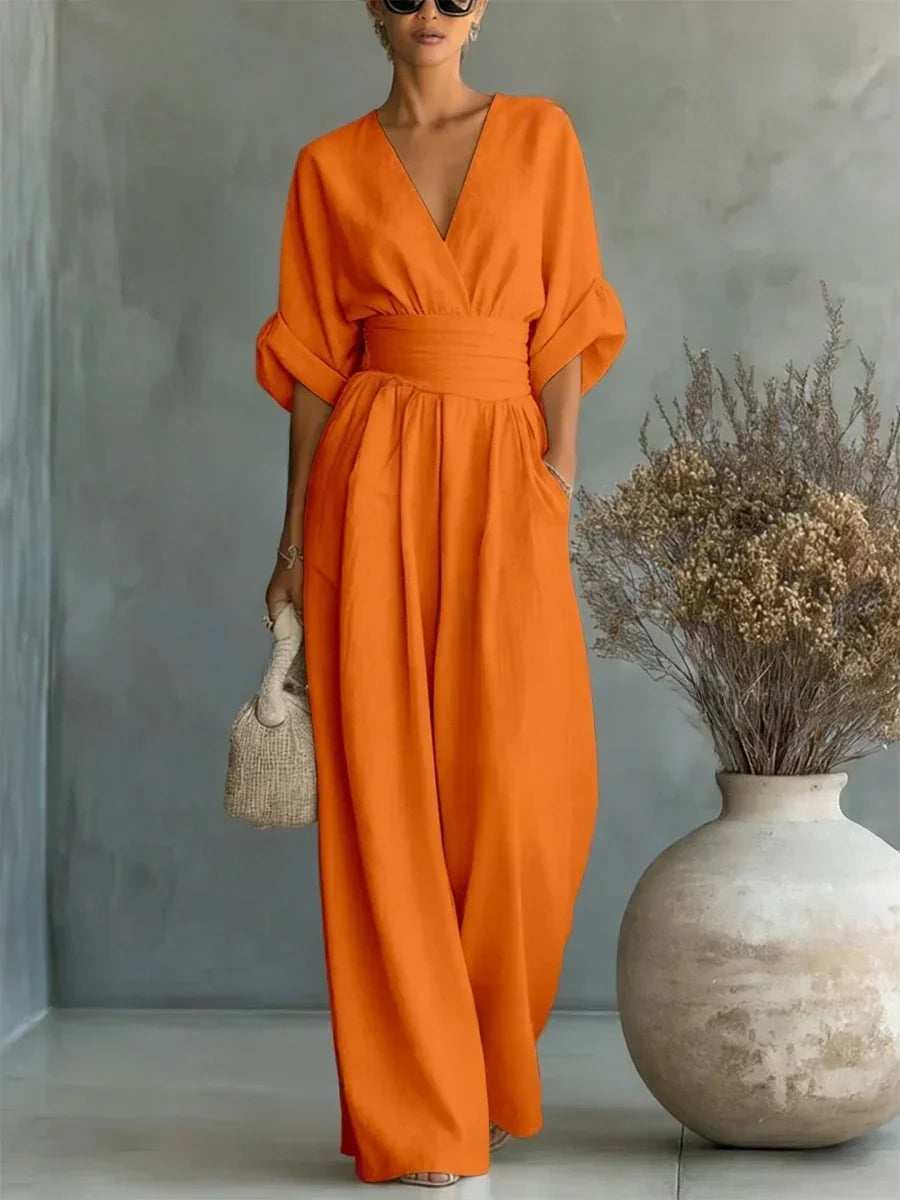 ESSENZIALE - Elegante Tuta Estiva con V-Neck e Vita Alta