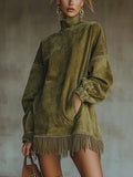 Amalia | Abito in Suede con Frange a Collo Alto