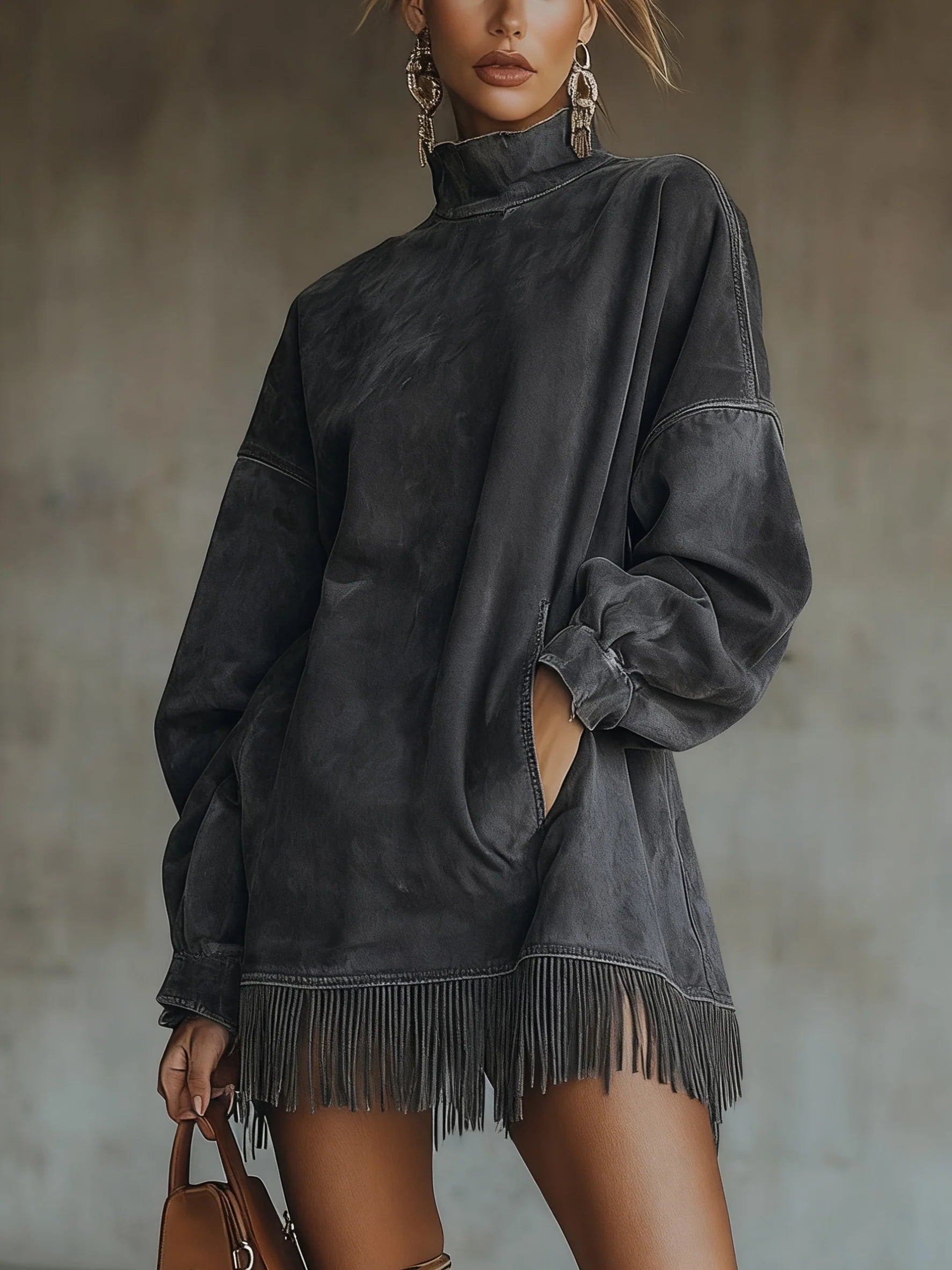 Amalia | Abito in Suede con Frange a Collo Alto