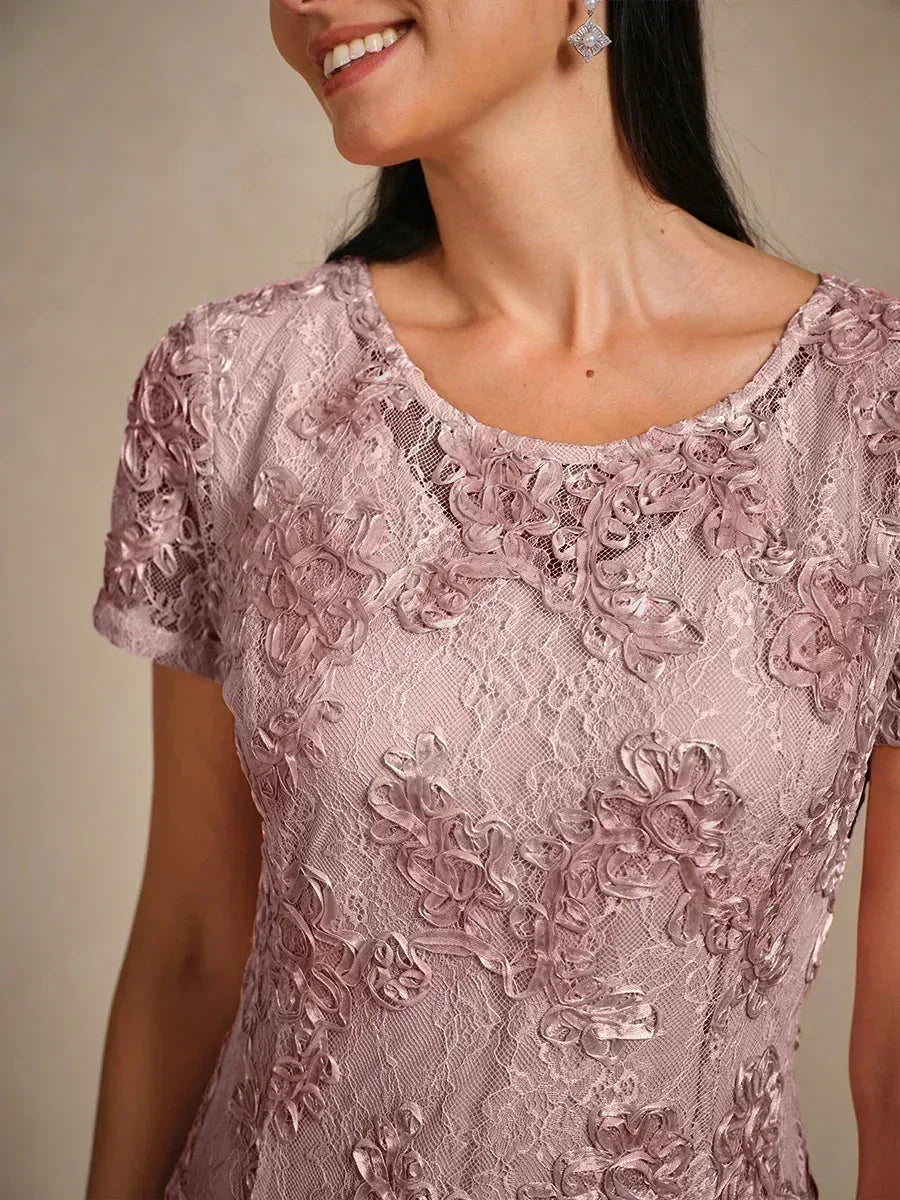 Abito A-Line in Pizzo Rosette con Decorazioni in Paillettes