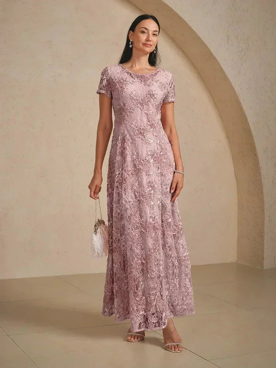 Abito A-Line in Pizzo Rosette con Decorazioni di Paillettes