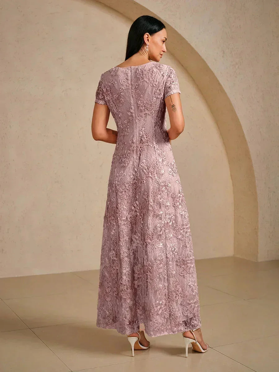 Abito A-Line in Pizzo Rosette con Decorazioni in Paillettes