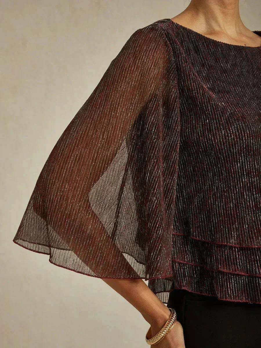 Blusa Asimmetrica a Strati in Chiffon Metallizzato Pieghettato