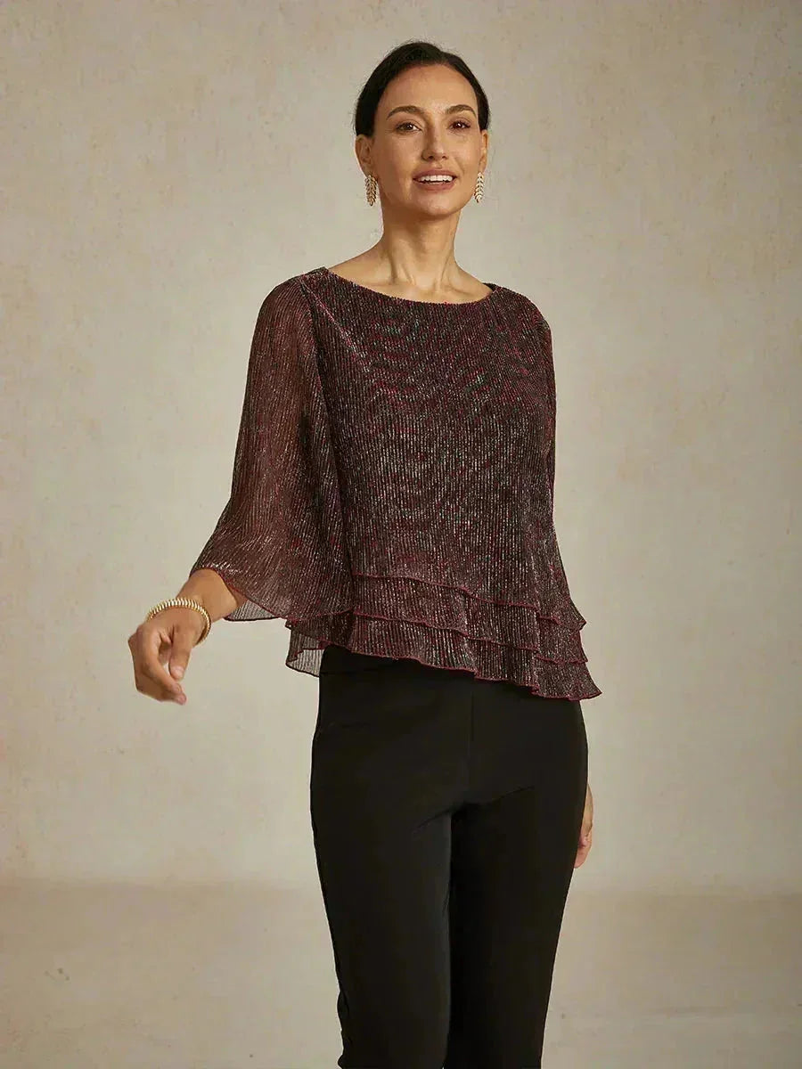 Blusa Asimmetrica a Strati in Chiffon Metallizzato Pieghettato