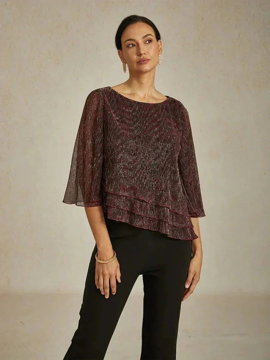 Blusa Asimmetrica a Strati in Chiffon Metallizzato Pieghettato