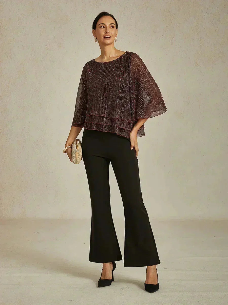Blusa Asimmetrica a Strati in Chiffon Metallizzato Pieghettato
