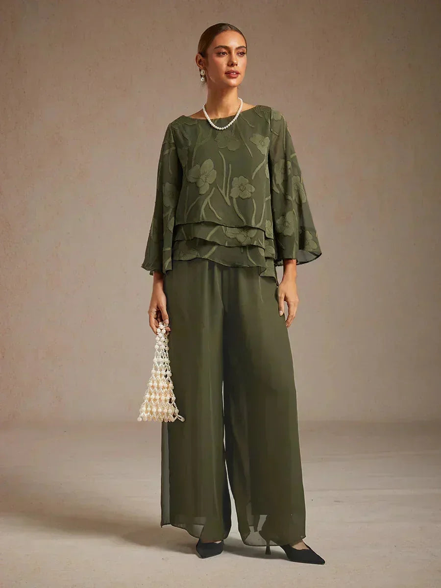Pantaloni a Gamba Dritta con Sovrapposizione di Chiffon a Spacco