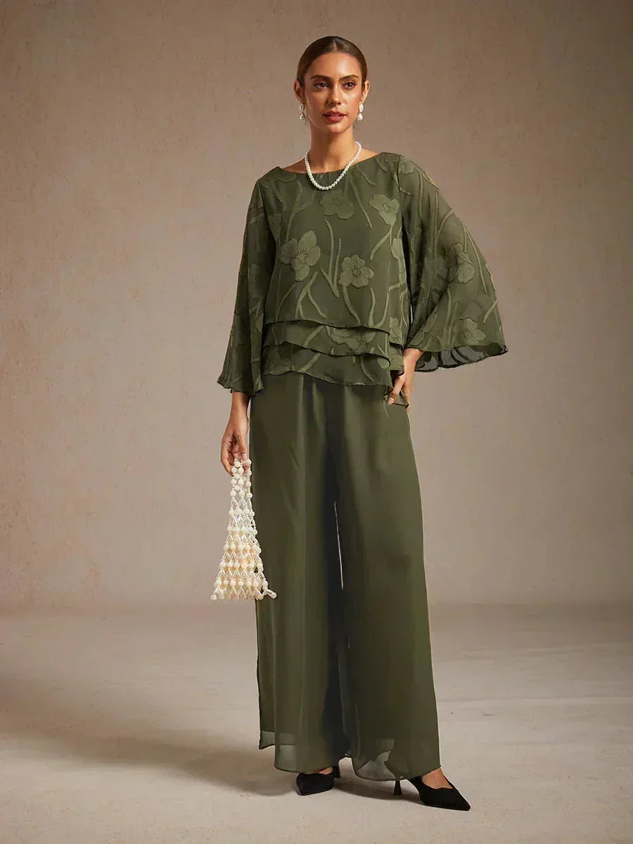 Pantaloni a Gamba Dritta con Sovrapposizione di Chiffon a Spacco