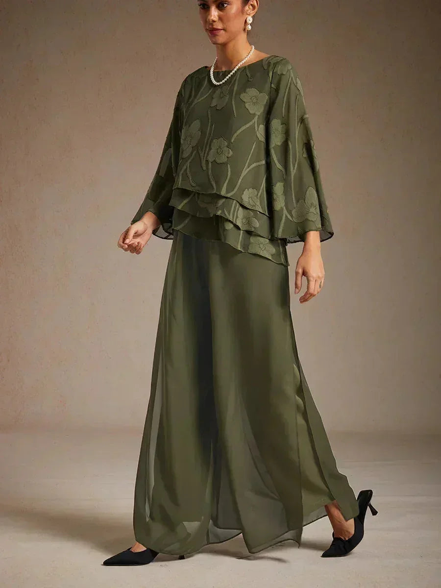 Pantaloni a Gamba Dritta con Sovrapposizione in Chiffon