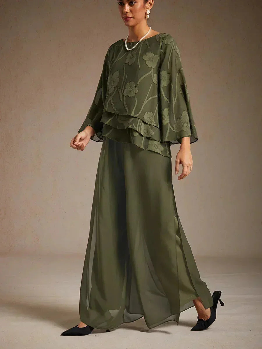 Pantaloni a Gamba Dritta con Sovrapposizione in Chiffon