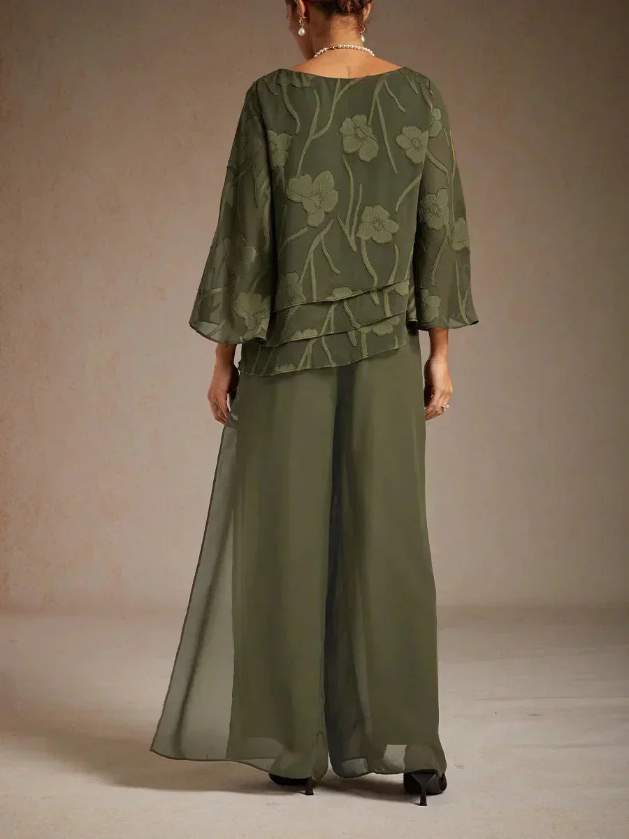Pantaloni a Gamba Dritta con Sovrapposizione in Chiffon a Spacco