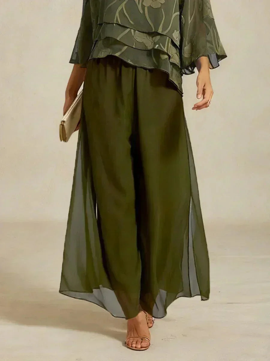 Pantaloni a Gamba Dritta con Sovrapposizione di Chiffon a Spacco