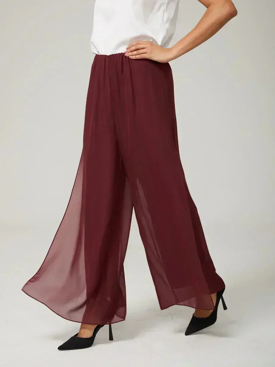 Pantaloni a Gamba Dritta con Sovrapposizione in Chiffon