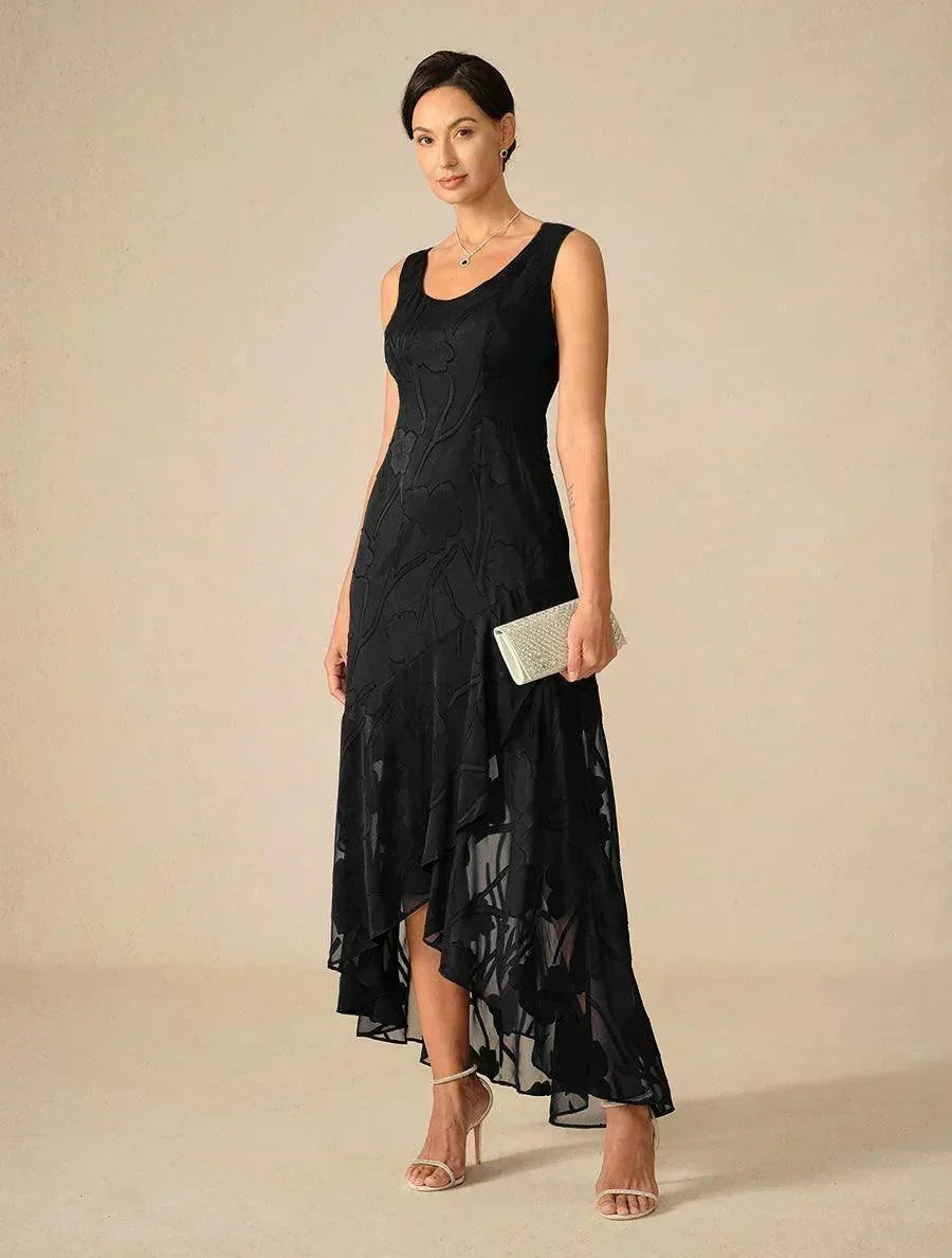 Abito da Sera Senza Maniche in Chiffon Floreale con Orlo Asimmetrico
