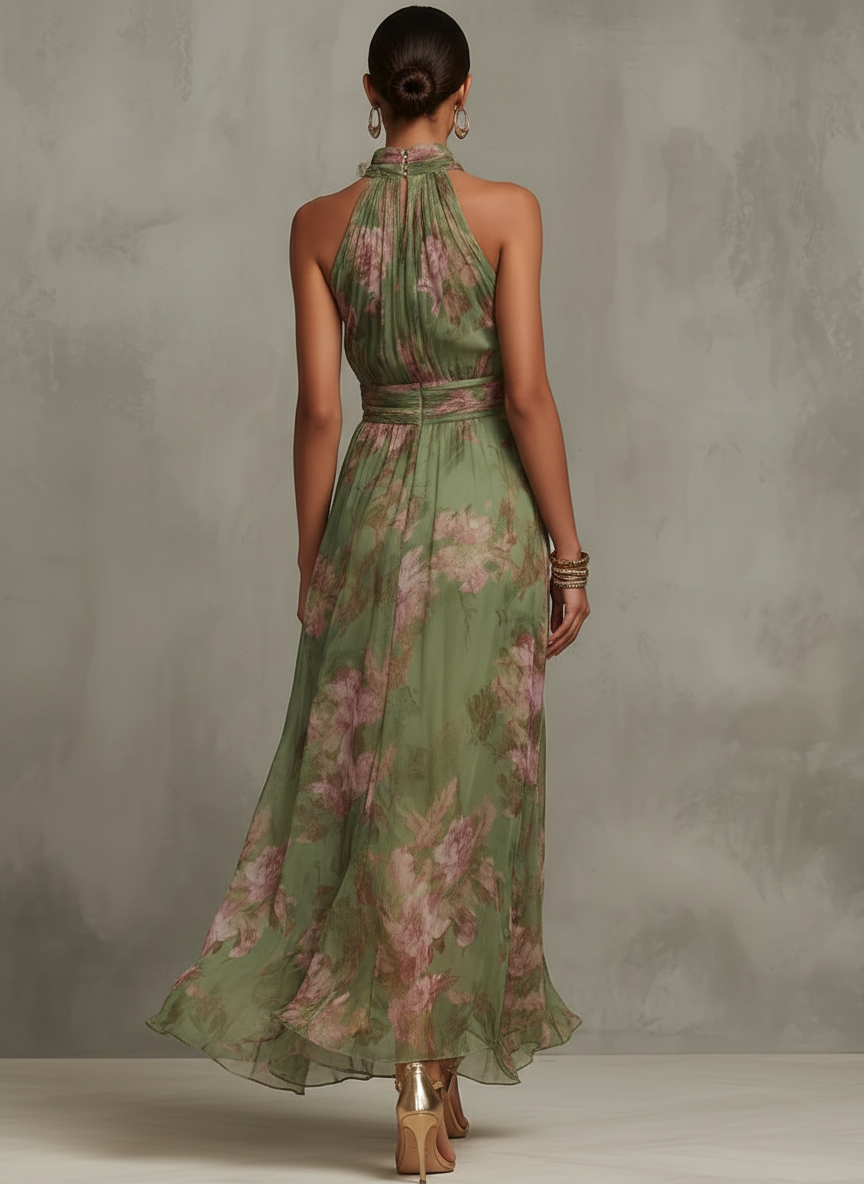 Serena ∙ Abito lungo verde a fiori in chiffon con scollo all'americana